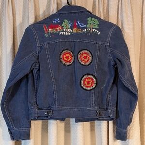 Golden Horse Vtg Reworked Denim Jacket Embroidered Folk Art Fitness Awards XXS